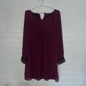 A Byer Womens Maroon Dress Long Sleeve with Beaded Detailed Cuffs Flowy Medium